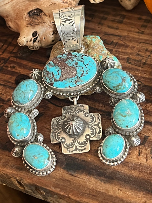 Apache Made Sterling Silver and Egyptian Turquoise Naja Pendant by Rosella Paxson