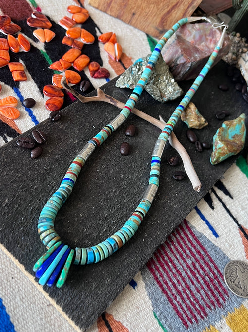 Ronald Chavez Handcrafted Sterling Silver & Multistone Heishi Beaded Santo Domingo Necklace with Tabs
