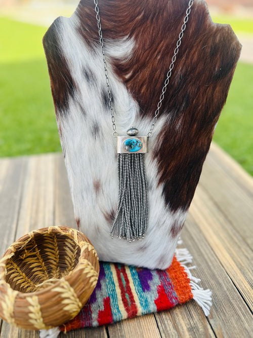 Handcrafted Morenci Turquoise & Sterling Silver Beaded Tassel Necklace