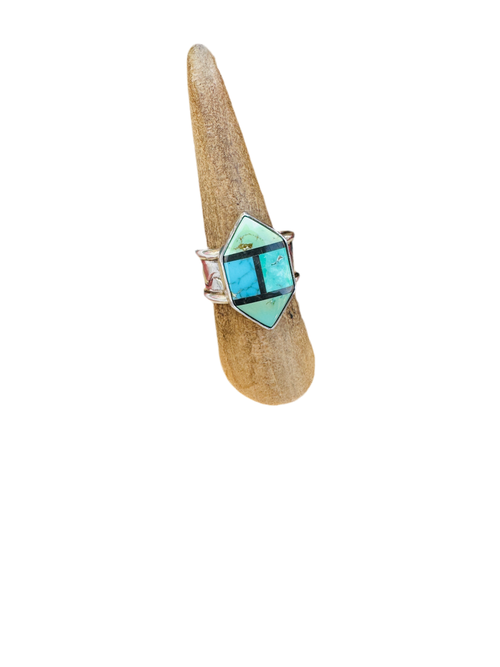 Old Pawn Navajo Sterling Silver, Turquoise & Onyx Inlay Ring Size 6.5