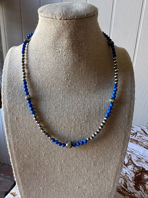 Handmade Navajo Pearl Style Sterling Silver, Blue Fire Opal Beaded Necklace