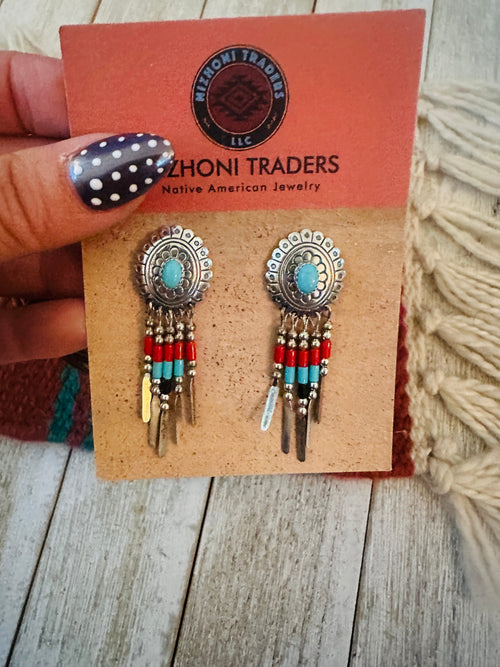 Handcrafted Old Pawn Sterling Silver & Multi Stone Beaded Dream Catcher Dangle Earrings
