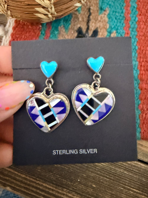 Old Pawn Handcrafted Sterling Silver & Multi Stone Inlay Heart Dangle Earrings