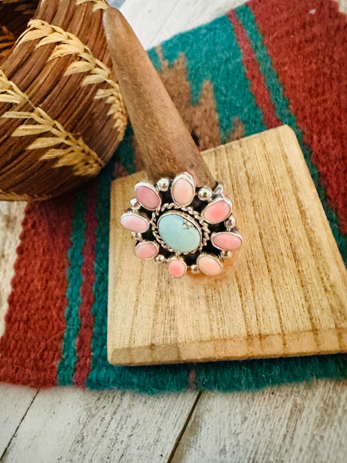 Navajo Sterling Silver, Queen Pink Conch & Turquoise Cluster Adjustable Ring