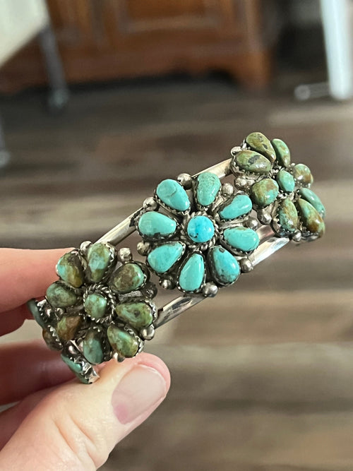 Old Pawn Navajo Sterling Silver and Mixed Turquoise Daisy Cluster Cuff Bracelet, Signed MA
