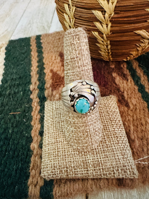 Old Pawn Handcrafted Turquoise, Coral & Sterling Silver Ring Size 5.5