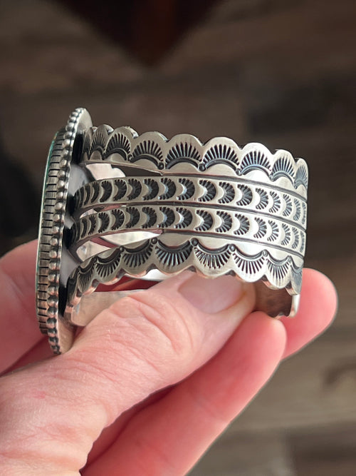 Navajo Hand Stamped Sterling Silver and Royston Turquoise Cuff Bracelet by Diane Wylie