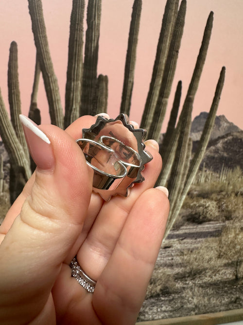 Beautiful Handmade Sonoran Mountain Turquoise , CZ And Sterling Silver Adjustable Ring