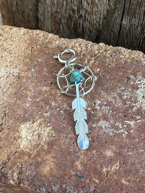 Navajo Crafted Sterling Silver Turquoise Dream Catcher  Charm