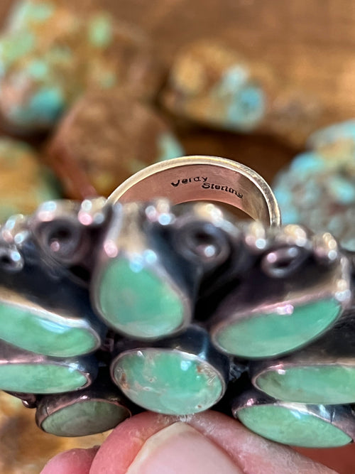 Old Pawn Verdy Jake Sterling Silver and Green Turquoise Cluster Ring, Adjustable