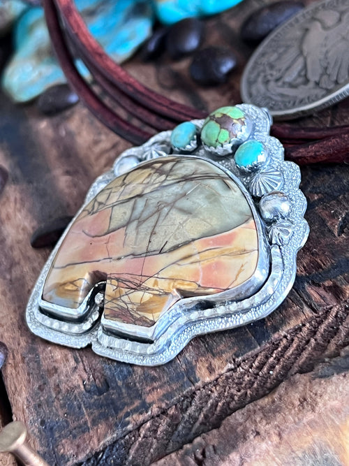 Tularosa Sterling Silver and Leather Red Creek Jasper Bear Necklace with Turquoise