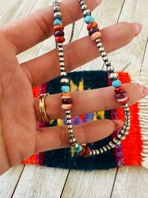 Navajo Sterling Silver, Spiny & Turquoise Beaded 16” Necklace