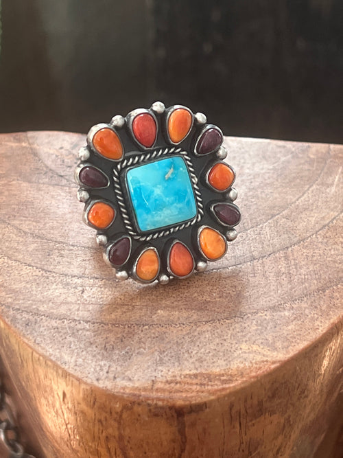 Navajo Electric Rainbow Turquoise and Spiny Oyster Ring by Angela Martin and Bernyse Chavez, Size 9
