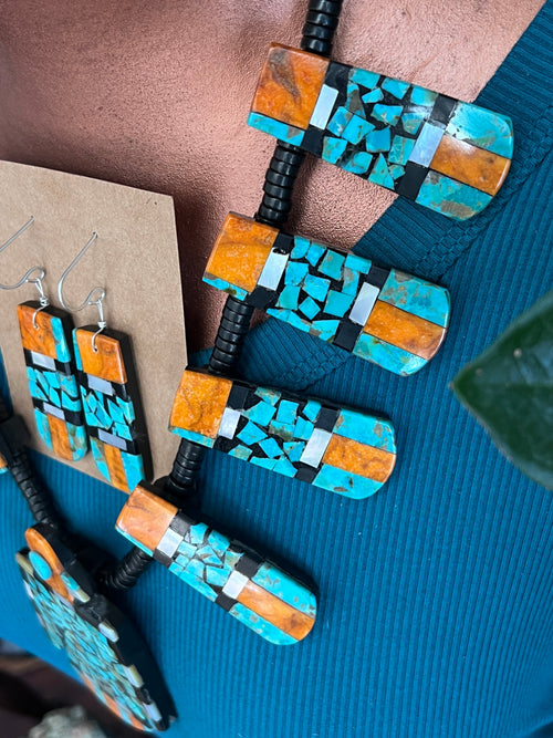 Handcrafted Inlay Turquoise and Apple Coral Thunderbird Tab Necklace & Earrings Set by Warren Nieto