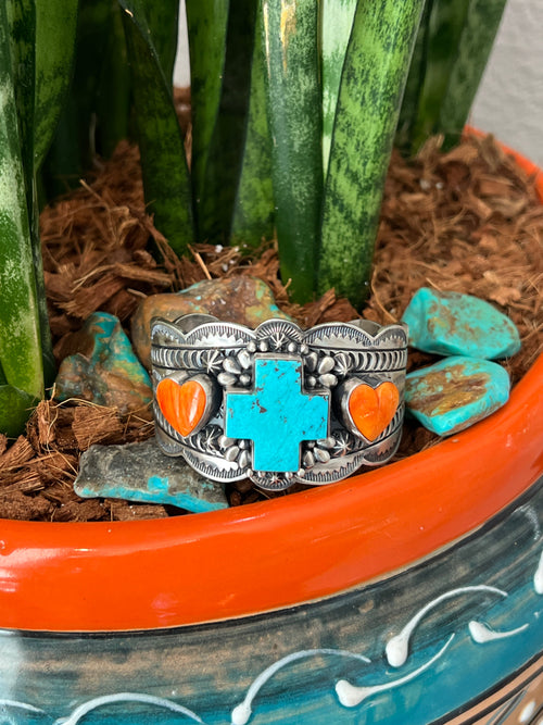 Navajo Sterling Silver, Kingman Turquoise and Spiny Oyster Santa Fe Cross Cuff Bracelet by Murphy Platero