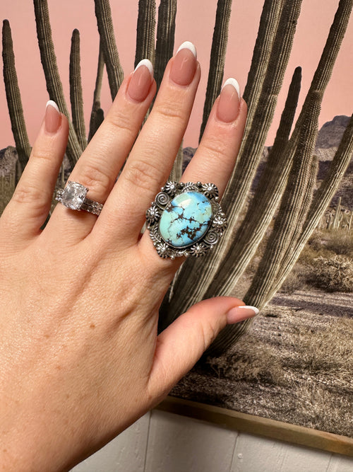 Beautiful Handmade Golden Hills Turquoise And Sterling Silver Adjustable Single Stone STATEMENT Ring