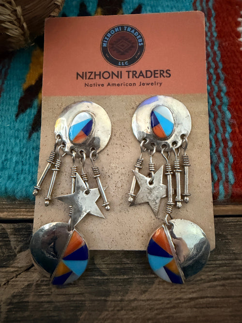 Old Pawn Handcrafted Sterling Silver & Multi Stone Dangle Earrings