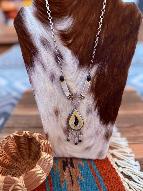 Old Pawn Handcrafted Sterling Silver and Multi Stone Bald Eagle Inlay Necklace by Don C. Dewa