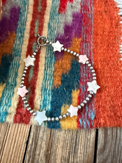 Handcrafted Pink Conch, Mother of Pearl & Sterling Silver Pearl Star Beaded Bracelet