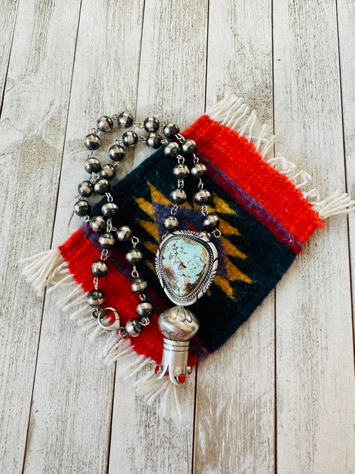 Navajo Sterling Silver, Turquoise & Coral Blossom Beaded Necklace