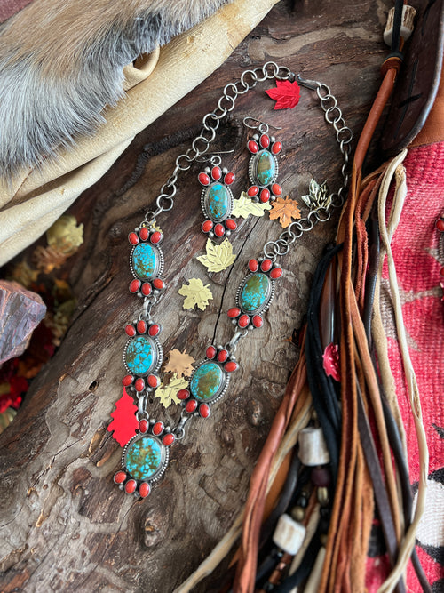 Taos Collection: Handcrafted Sterling Silver, Kingman Turquoise and Mediterranean Coral Necklace & Earrings Set by Kathleen Chavez