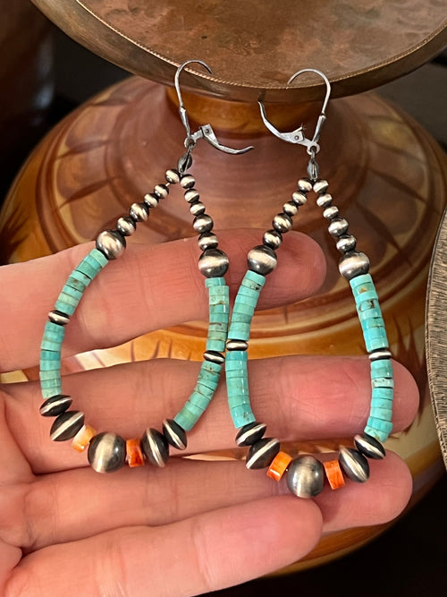 Navajo Made Sterling Silver, Kingman Turquoise and Orange Spiny Oyster Beaded Teardrop Hoop Earrings, Leverbacz