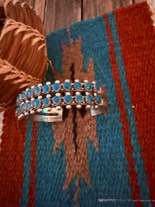 Handcrafted Old Pawn Sterling Silver & Turquoise Petit Point Cuff Bracelet