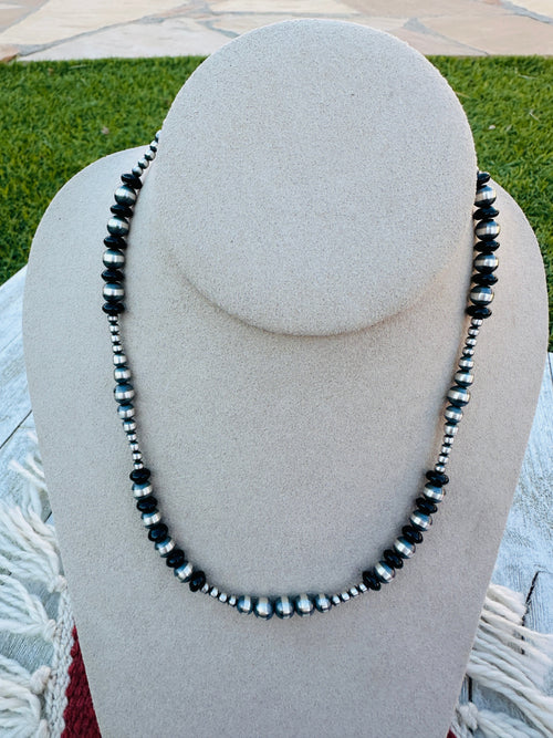 Sterling Silver Pearl & Onyx Beaded 16” Necklace