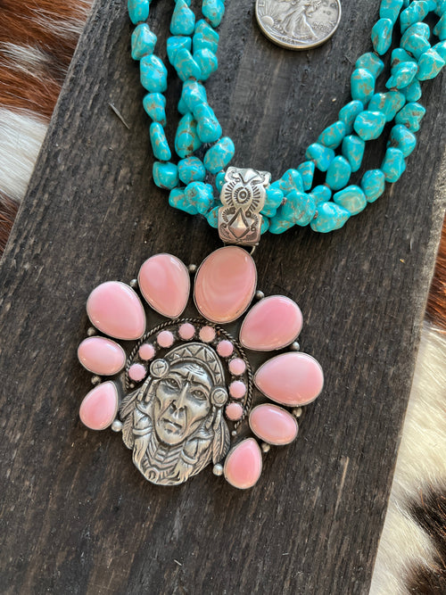 Navajo Sterling Silver Pink Conch Chief and Triple Strand Turquoise Nugget Bead Necklace by Patrick Yazzie