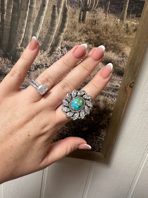 Beautiful Handmade Sonoran Mountain Turquoise , CZ And Sterling Silver Adjustable Ring