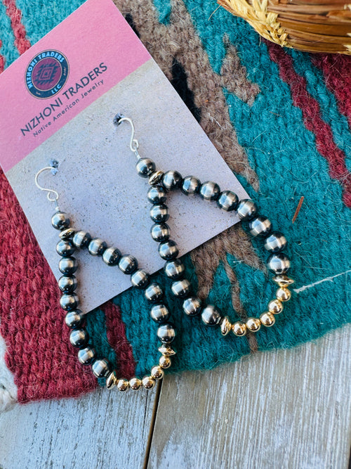 Sterling Silver & Gold Plated Navajo Pearl Style Beaded Dangle Hoop Earrings