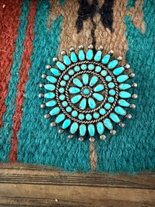 Old Pawn Handcrafted Turquoise and Sterling Silver Cluster Brooch
