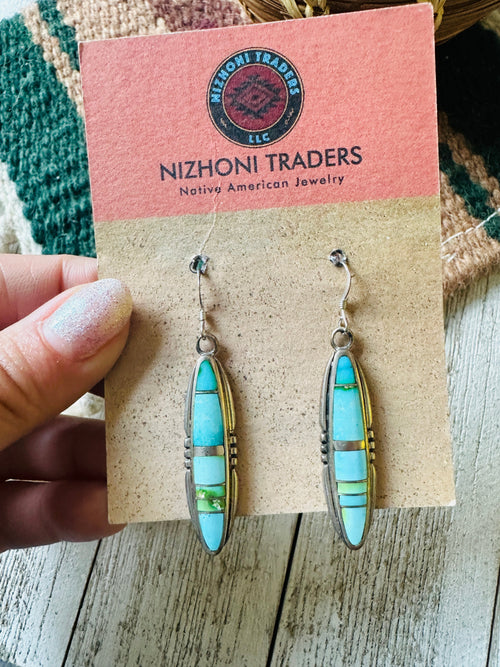 Navajo Sonoran Mountain Turquoise And Sterling Silver Inlay Dangle Earrings