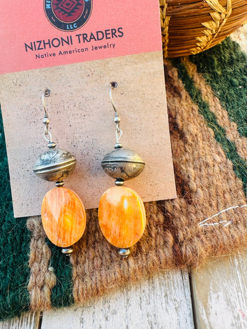 Handcrafted Spiny Oyster & Sterling Silver Beaded Dangle Earrings