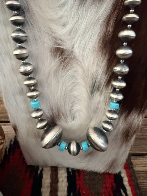 Handcrafted Turquoise & Sterling Silver Beaded Necklace and Earring Set