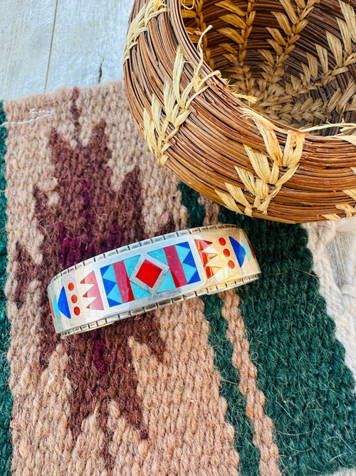 Handcrafted Old Pawn Sterling Silver & Multi Stone Inlay Cuff Bracelet by R.N. Laconsello