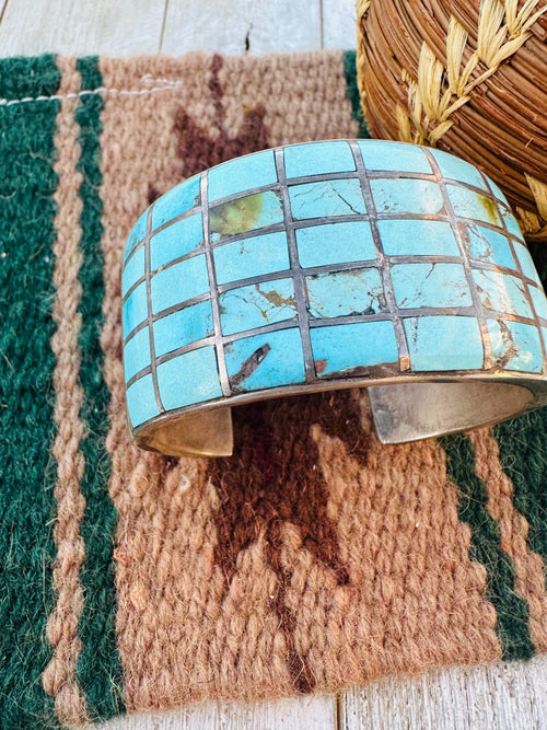 Handcrafted Old Pawn Sterling Silver & Turquoise Inlay Cuff Bracelet