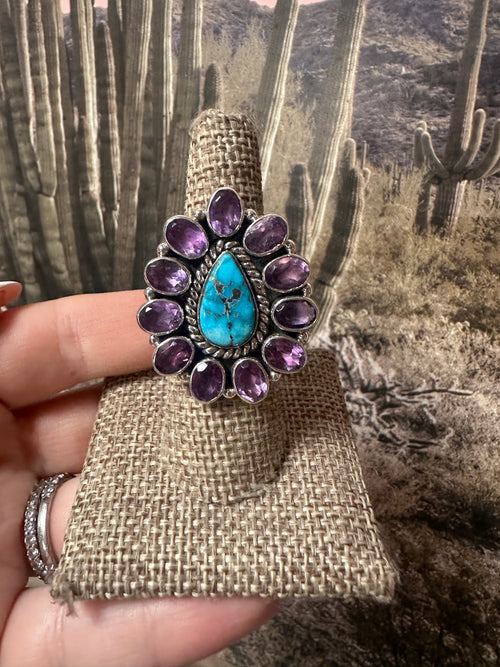 Handmade Sterling Silver, Amethyst, Sonoran Mountain Turquoise Cluster Adjustable Ring