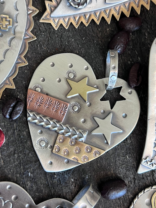 Kimari Somers Hand Stamped Sterling Silver, Copper & Brass ‘Star Crossed’ Heart Pendant