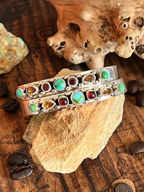 Navajo Made Sterling Silver Gems & Jewels Stacker Cuffs Bracelet by Lucy Jake, Narrow