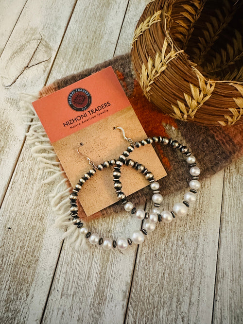 Navajo Pearl & Sterling Silver Pearl Beaded Dangle Hoop Earrings