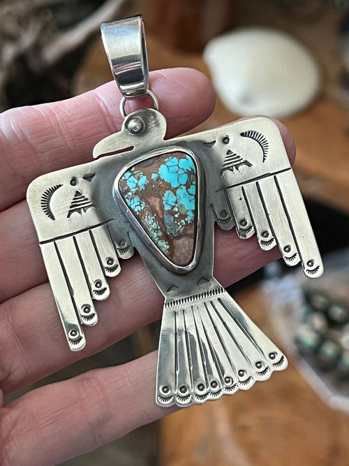 Hand Stamped Sterling Silver & Pilot Mountain Turquoise Thunderbird Pendant by Kimari Somers