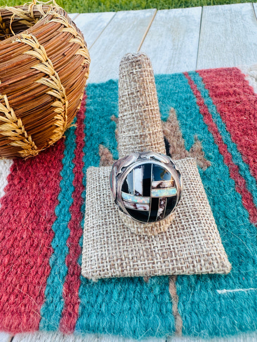 Old Pawn Handcrafted Multi Stone & Sterling Silver Inlay Ring Size 11.75