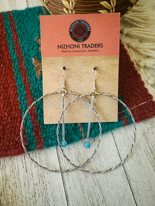 Navajo Sterling Silver & Turquoise Hoop Earrings