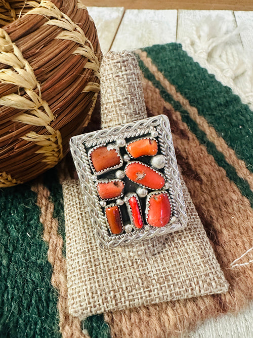 Old Pawn Coral and Sterling Silver Ring Size 11