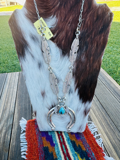 Old Pawn Handcrafted Turquoise & Sterling Silver Feather Naja Necklace