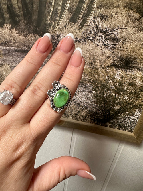 Beautiful Handmade Sonoran Turquoise And Sterling Silver Adjustable FLOWER Ring