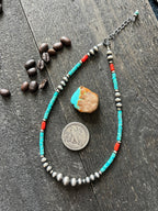 Summer Lovin’ Navajo Beaded Layering Necklace with Sterling Silver, Turquoise and Mediterranean Coral, 14” + 2”, The Beach Cruiser