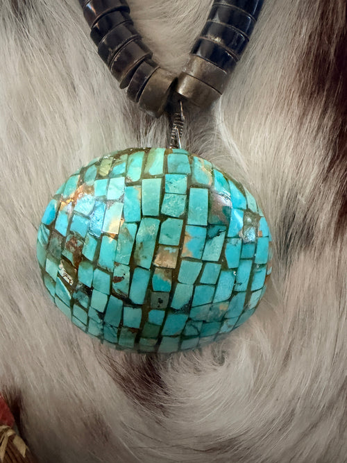 Old Pawn Handcrafted Turquoise and Heishi Shell Mosaic Inlay Beaded Necklace