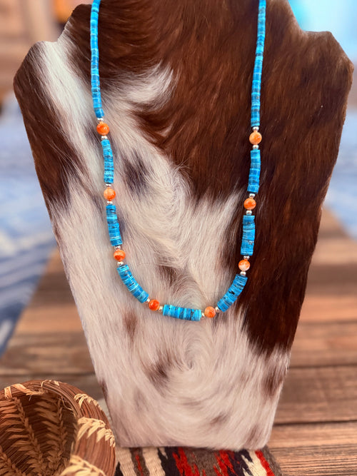 Handcrafted Turquoise, Spiny & Sterling Silver Pearl 22” Beaded Necklace